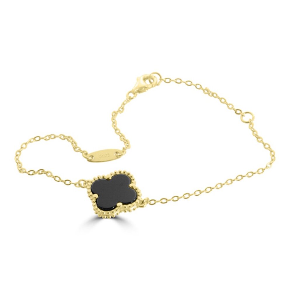 18k Gold Plated sterling silver Black Onyx Clover Bracelet - Picture 2 of 2